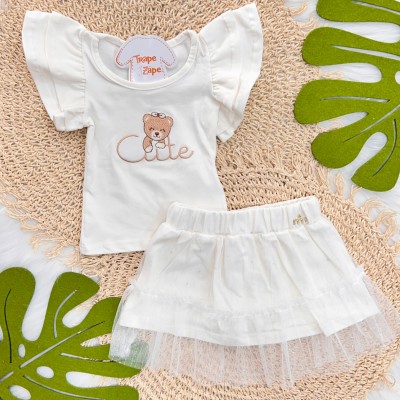 Conj. Blusa Bear Cute Perolado e Short Saia em Tule Brilhante - Off White